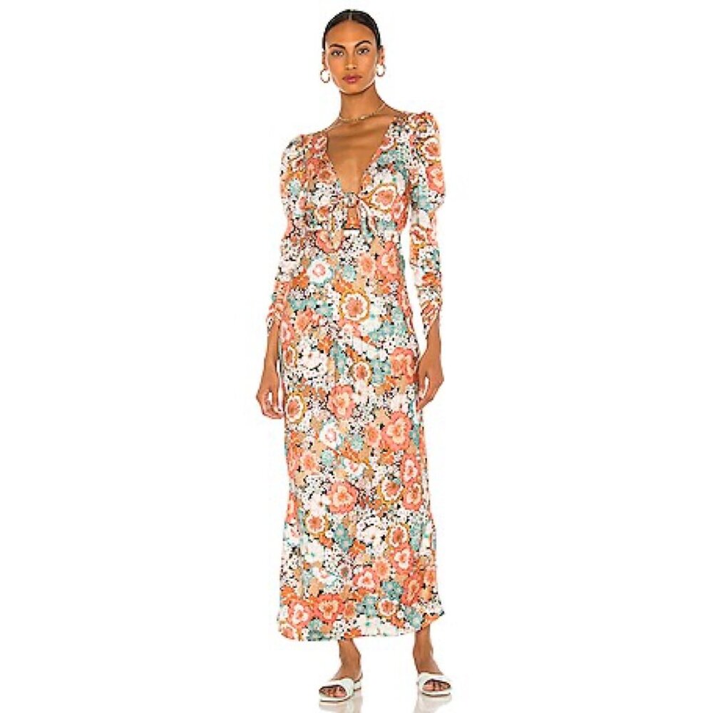 For Love & Lemons Polly Floral Tie Front Cutout Puff Sleeve Maxi Dress in Sienna